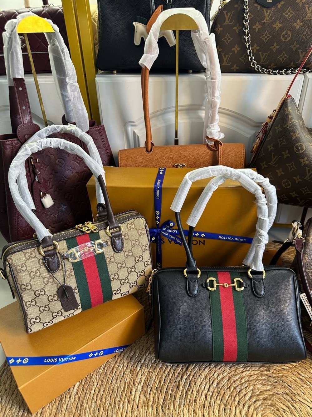 Gucci GG Supreme & Black Leather Top-Handle Satchels with Red-Green Stripe